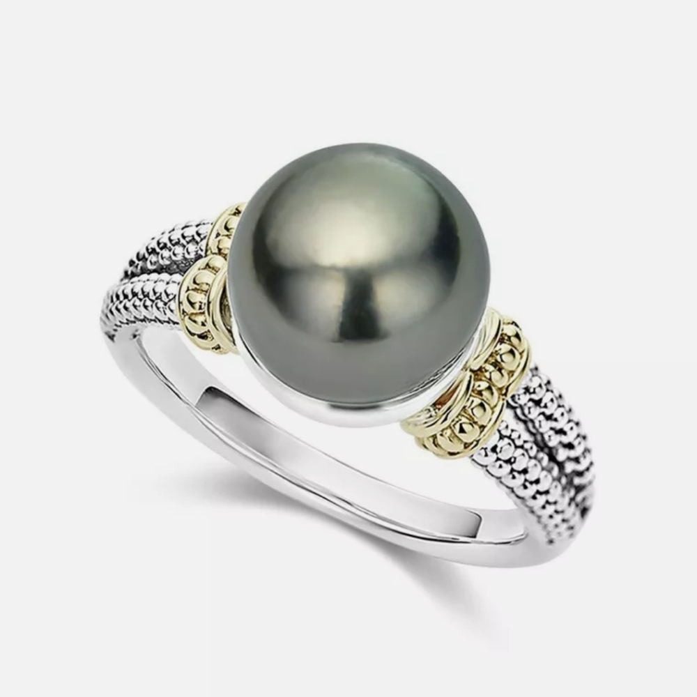Fashion black pearl silver tone ring size 8